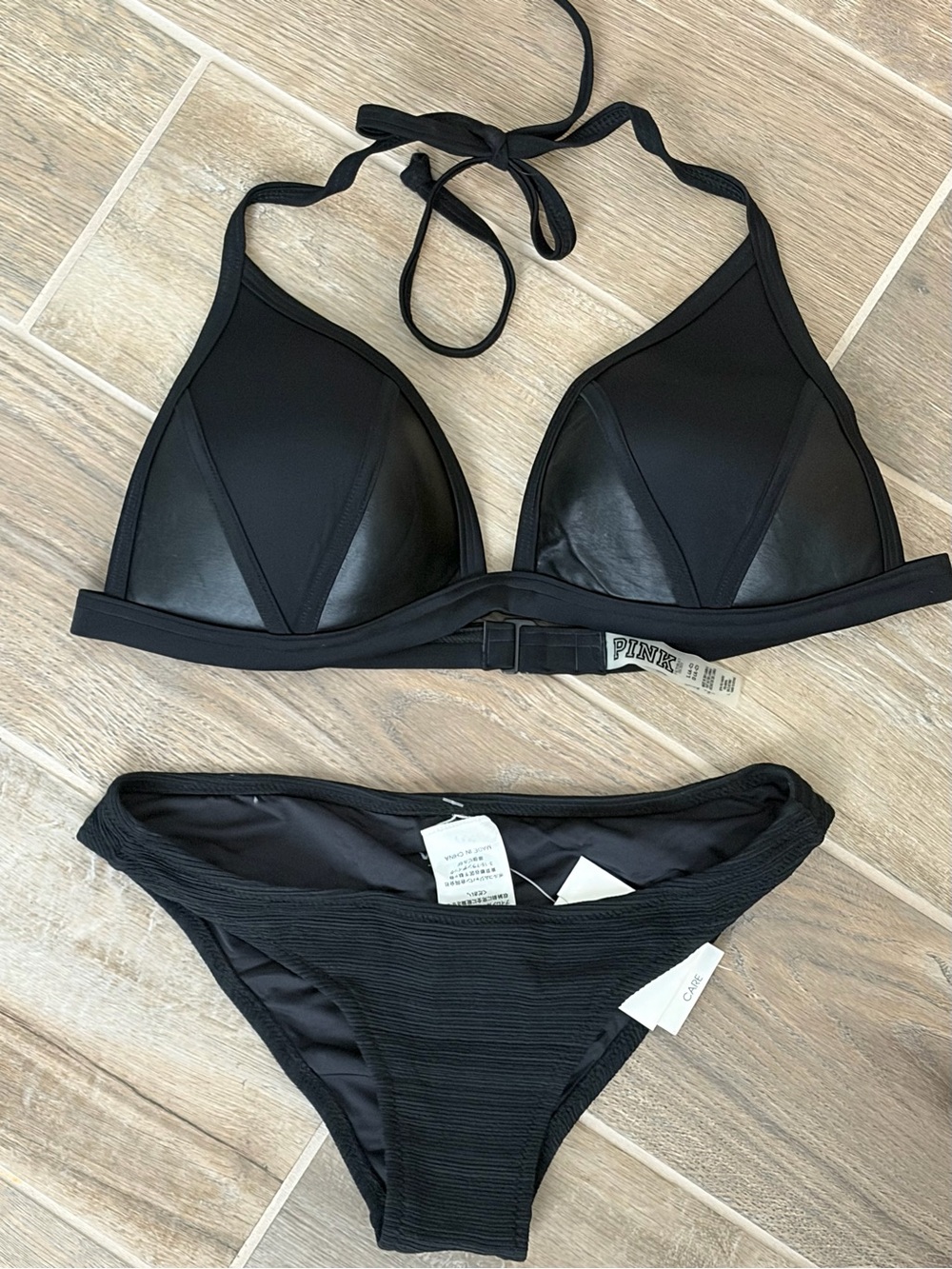 PINK Victoria's Secret Black “leather look” Halter Bikini Top w/Volcom Bottoms